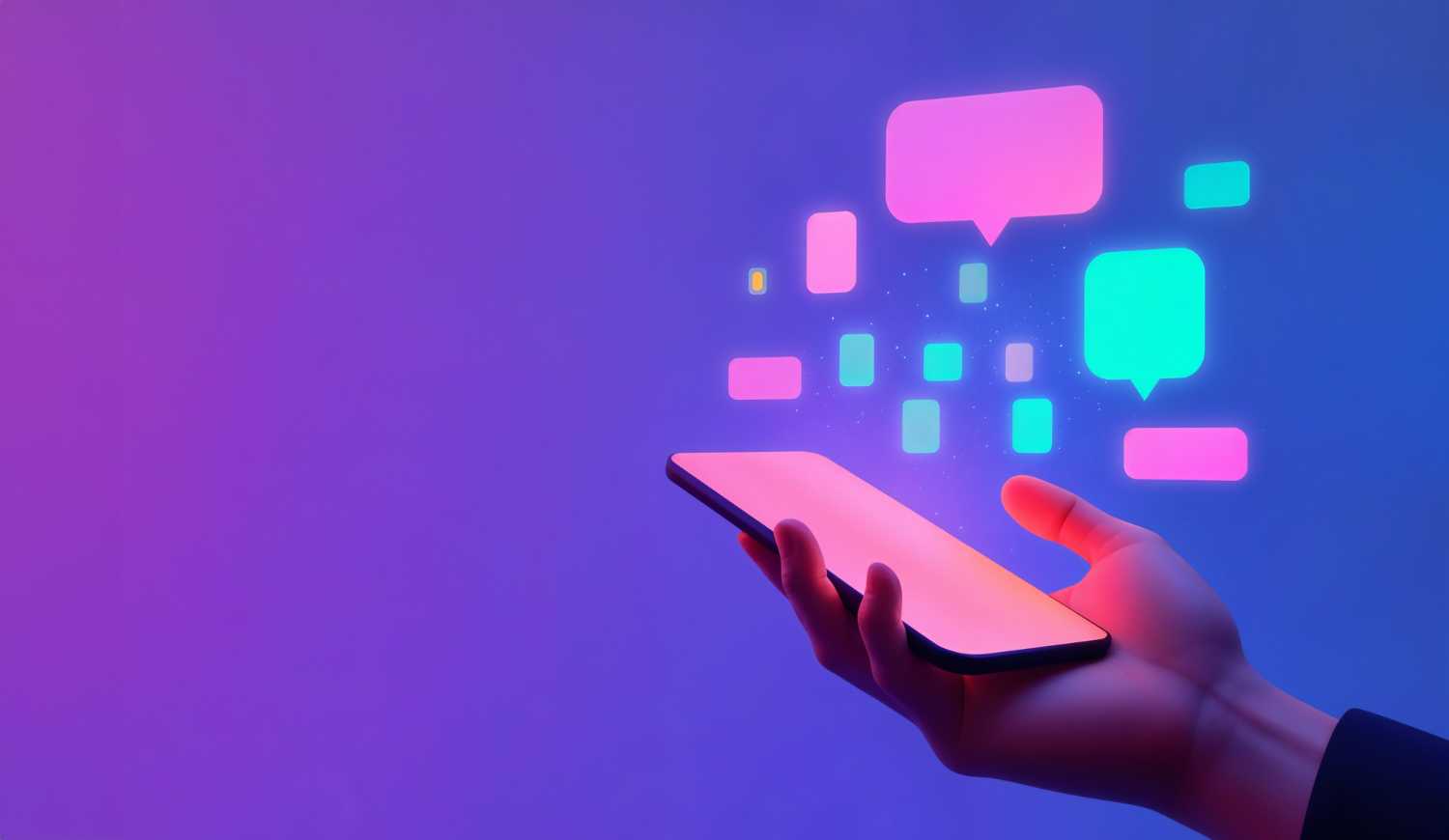 Hand holding a smartphone with glowing AI assistant chat bubbles, illustrating affordable and scalable AI deployment strategies for SMEs.