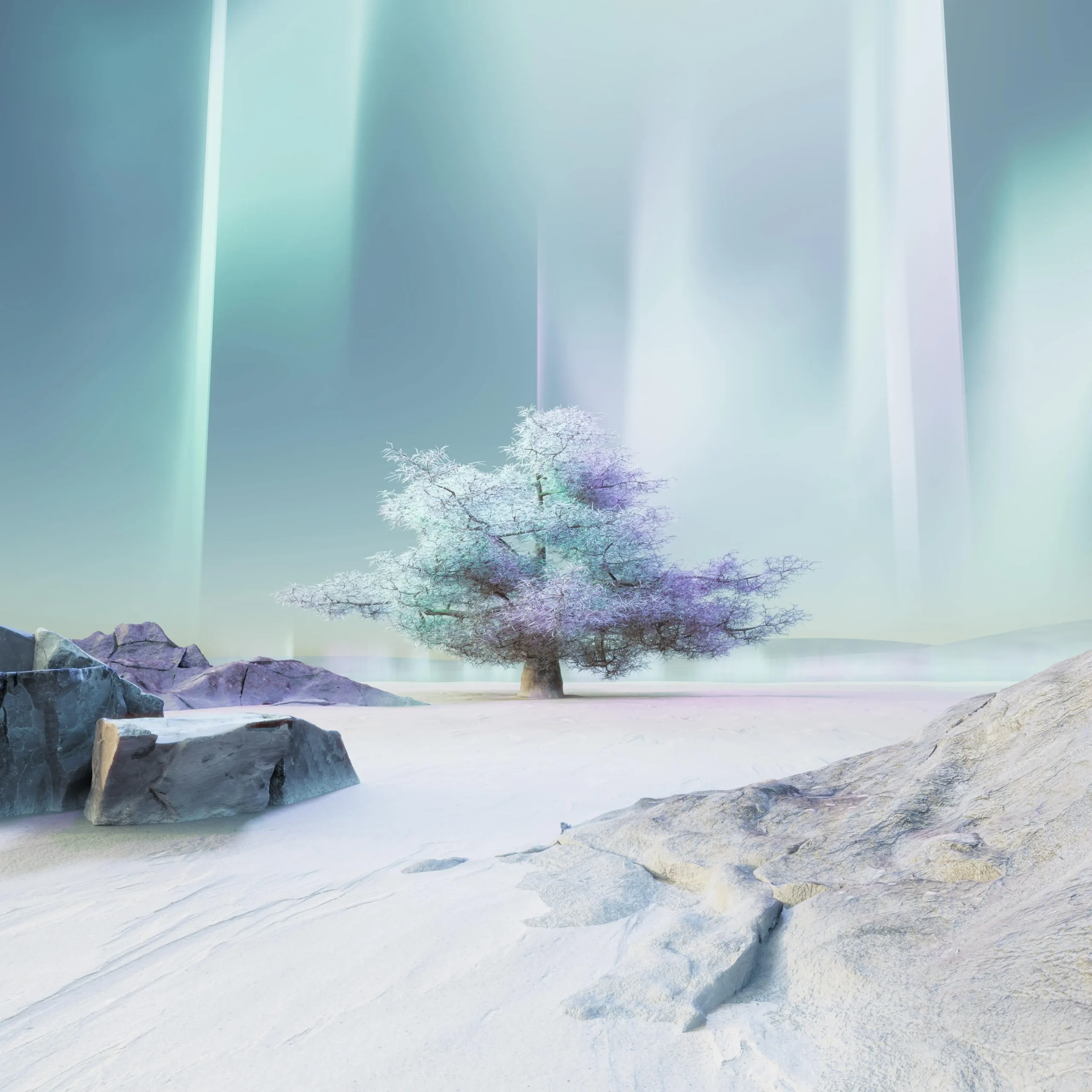 A frosted tree in a surreal landscape symbolising structured data clarity and AI readiness.